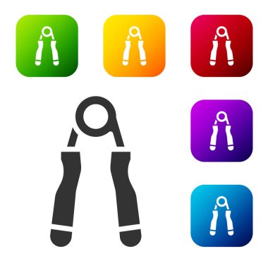 Siyah Spor genişletici simgesi beyaz arkaplanda izole edildi. Spor malzemeleri. Renkli kare düğmelerle simgeleri ayarla. Vektör.