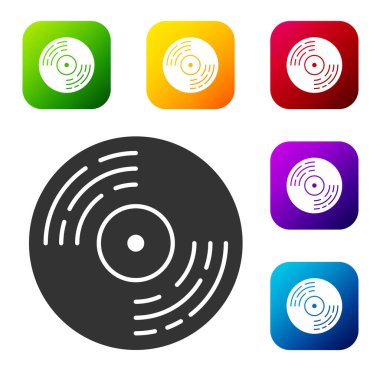 Siyah Vinil disk simgesi beyaz arkaplanda izole edildi. Renkli kare düğmelerle simgeleri ayarla. Vektör.