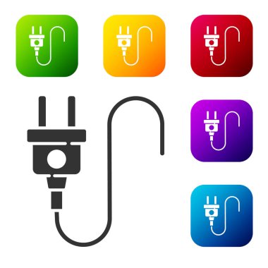 Beyaz arkaplanda siyah elektrik prizi simgesi izole edildi. Bağlantı kavramı ve elektriğin kesilmesi. Renkli kare düğmelerle simgeleri ayarla. Vektör.