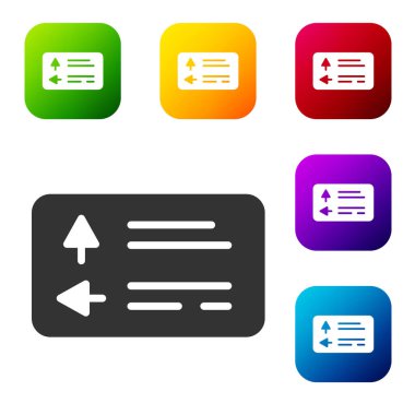 Siyah Yol trafik tabelası. Beyaz arkaplanda sinyal simgesi izole edildi. İşaretçi sembolü. Sokak bilgi tabelası. Yön tabelası. Renkli kare düğmelerle simgeleri ayarla. Vektör.