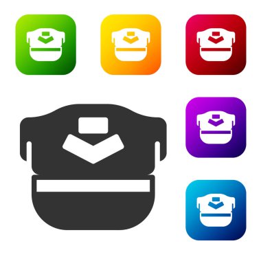 Siyah Pilot şapka simgesi beyaz arkaplanda izole edildi. Renkli kare düğmelerle simgeleri ayarla. Vektör.