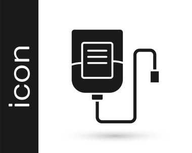 Siyah serum torbası simgesi beyaz arkaplanda izole edildi. Kan torbası. Kan bağışı konsepti. Tedavi ve terapi kavramı, kemoterapi. Vektör.