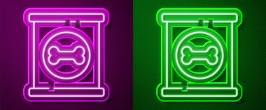 Parlayan neon hattı konserve yiyecek ikonu mor ve yeşil arka planda izole edildi. Hayvanlar için yiyecek. Evcil hayvan yiyeceği kutusu. Köpek kemiği işareti. Vektör.