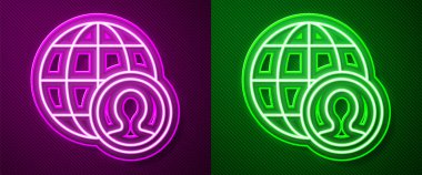 Parlayan neon hattı Globe ve mor ve yeşil arka planda izole edilmiş insanlar. Küresel iş sembolü. Sosyal ağ simgesi. Vektör.