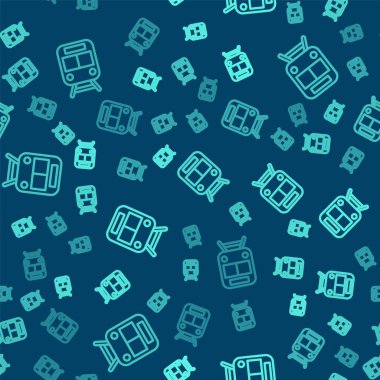 Yeşil hat tren ve demiryolu ikonu mavi arka planda izole edilmiş. Toplu taşıma sembolü. Metro treni nakliyesi. Metro yeraltı. Vektör.