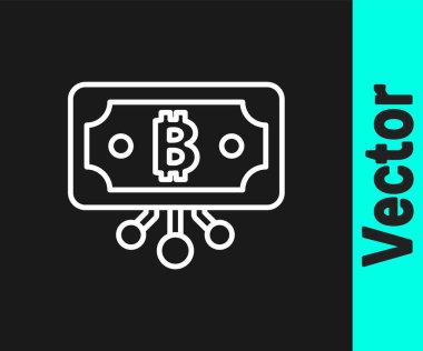 Siyah arka planda izole edilmiş mikroçip devre ikonu olan beyaz çizgi kripto para birimi bitcoin daire içinde. Engelleme teknolojisi, dijital para piyasası. Vektör.