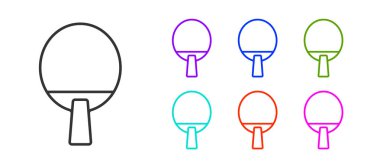 Masa tenisi ikonunu oynamak için siyah hat raketi beyaz arka planda izole edilmiş. Simgeleri renklendirin. Vektör.