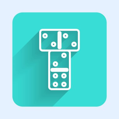 Beyaz çizgi Domino simgesi uzun gölgeli izole edilmiş. Yeşil kare düğmesi. Vektör.
