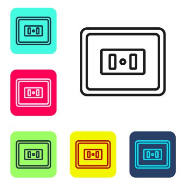Siyah çizgi elektrik çıkış simgesi beyaz arkaplanda izole edildi. Elektrik prizi. Rosette sembolü. Renkli kare düğmelerle simgeleri ayarla. Vektör.