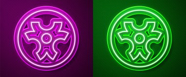 Parlayan neon hattı Biyolojik Tehlike sembolü simgesi mor ve yeşil arkaplanda izole edildi. Vektör.