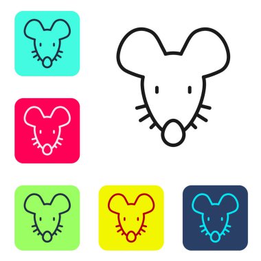 Beyaz arkaplanda siyah çizgi deneysel fare simgesi izole edildi. Renkli kare düğmelerle simgeleri ayarla. Vektör.