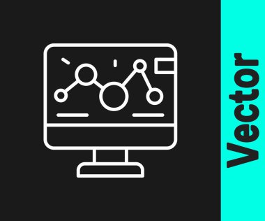 Laptop simgesindeki beyaz çizgi genetik mühendisliği modifikasyonu siyah arkaplanda izole edildi. DNA analizi, genetik testler, klonlama. Vektör.