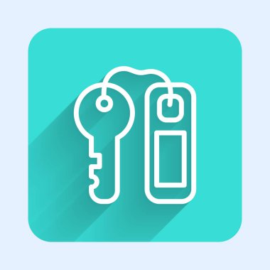 Beyaz Hat Oteli kapı kilidi anahtarı ve uzun gölgeli etiket simgesi. Yeşil kare düğmesi. Vektör.