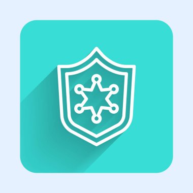 Beyaz çizgi polis rozeti ikonu uzun gölgeli izole edildi. Şerif rozeti. Yeşil kare düğmesi. Vektör.