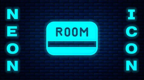 Glowing Neon Hotel Key Card Room Icon Isolated Brick Wall — Stock Vector