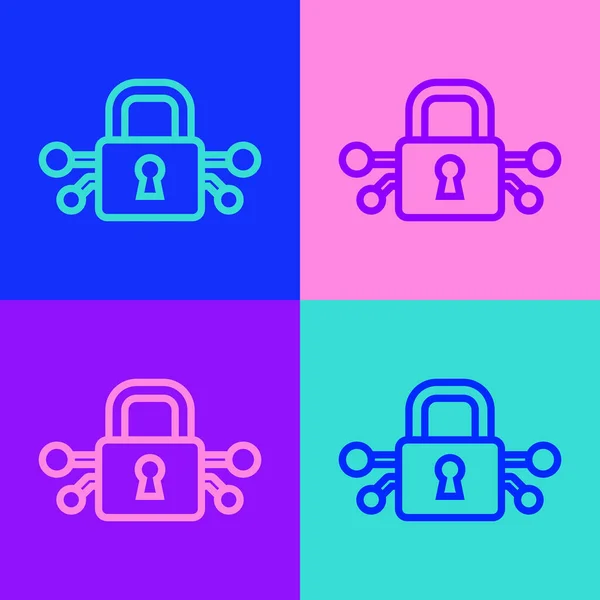 Pop Art Linea Cyber Icona Sicurezza Isolato Sfondo Colori Lucchetto — Vettoriale Stock