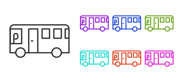 黑线总线图标隔离在白色背景上 运输概念 巴士旅游交通标志 旅游或公共交通工具的标志 设置彩色图标 — 图库矢量图片