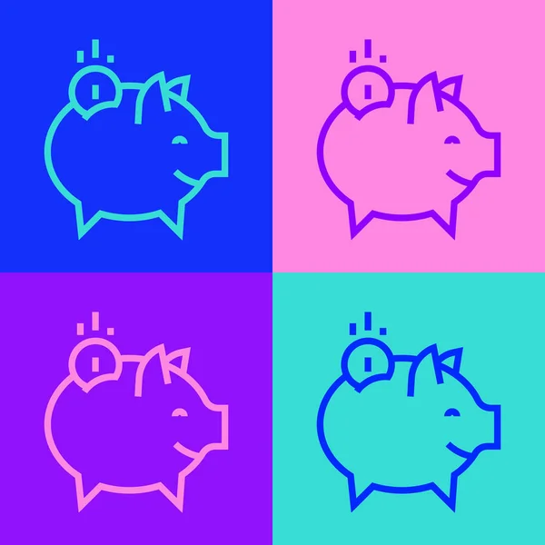 Pop Art Line Piggy Bank 배경에 아이콘 분리되어 절약하거나 축적하는 — 스톡 벡터