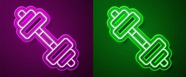 Gloeiende Neon Lijn Dumbbell Pictogram Geïsoleerd Paarse Groene Achtergrond Spierheficoon — Stockvector