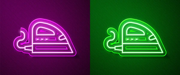 Светящаяся Неоновая Линия Иконка Электрического Железа Выделена Фиолетовом Зеленом Фоне — стоковый вектор