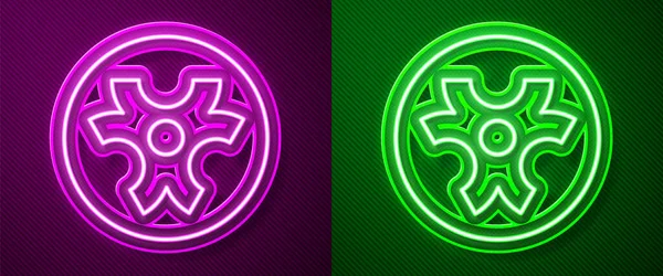 Светящаяся Неоновая Линия Значок Биологической Опасности Выделен Фиолетовом Зеленом Фоне — стоковый вектор