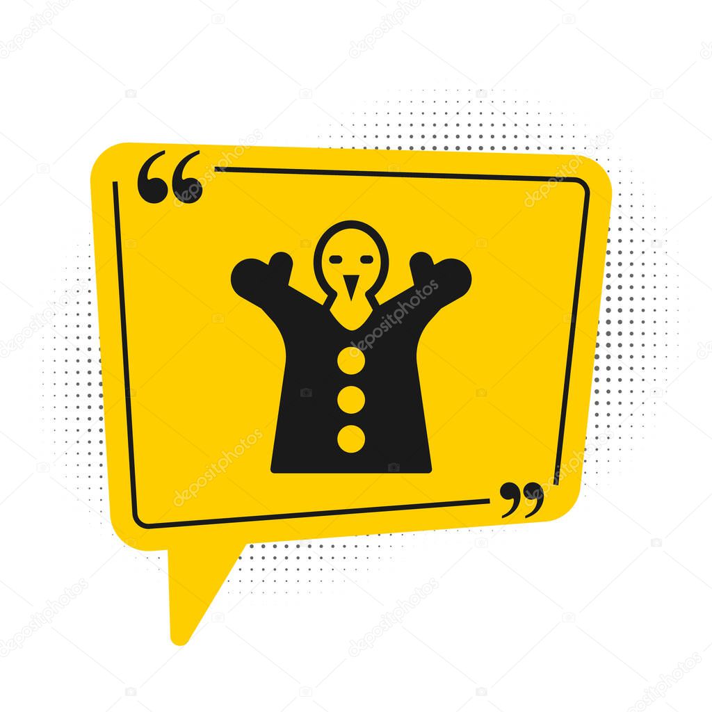 Black Toy puppet doll on hand icon isolated on white background. Yellow speech bubble symbol. Vector.