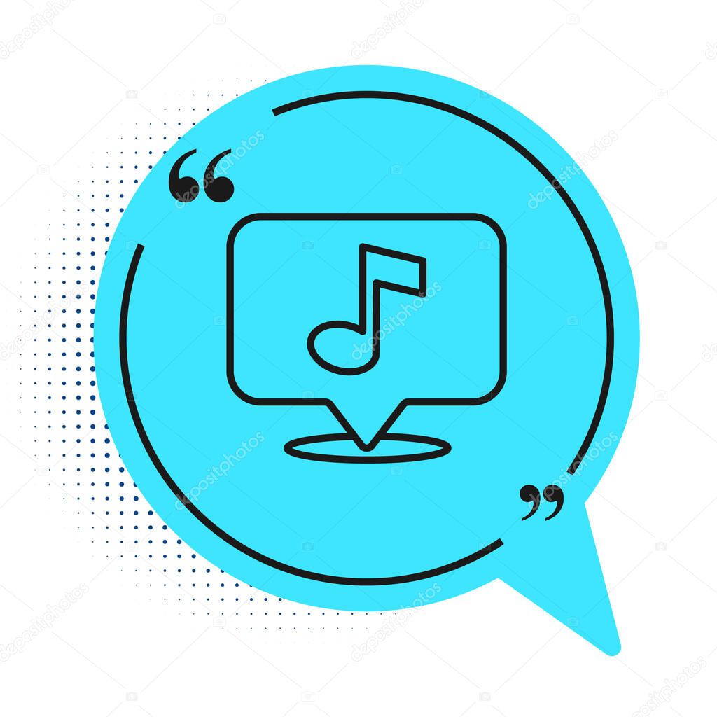 Black line Musical note in speech bubble icon isolated on white background. Music and sound concept. Blue speech bubble symbol. Vector.
