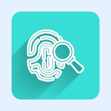 Üzerinde uzun gölgeli parmak izi ikonu olan beyaz çizgi büyüteç. Kimlik işareti. Yeşil kare düğmesi. Vektör.