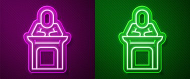 Parlayan neon hattı Yargıç ikonu mor ve yeşil arka planda izole edildi. Vektör.
