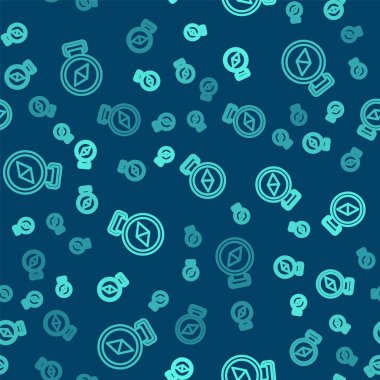 Yeşil çizgi pusula simgesi mavi arkaplanda izole edilmiş kusursuz desen. Rüzgâr yön bulma sembolü. Rüzgar gül işareti. Vektör.