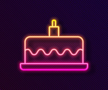 Siyah arkaplanda izole edilmiş yanan mum simgesiyle parlayan neon çizgi pastası. Doğum günün kutlu olsun. Vektör.