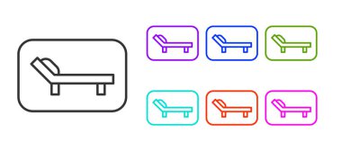 Siyah çizgi Sunbed simgesi beyaz arkaplanda izole edildi. Güneş şezlongu. Simgeleri renklendirin. Vektör.