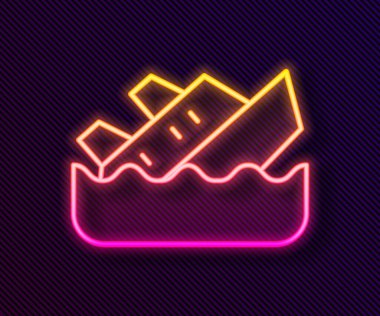 Parlayan neon hattı batan yolcu gemisi simgesi siyah arka planda izole edildi. Seyahat turizmi deniz taşımacılığı. Yolcu gemisi, yolcu gemisi. Vektör.