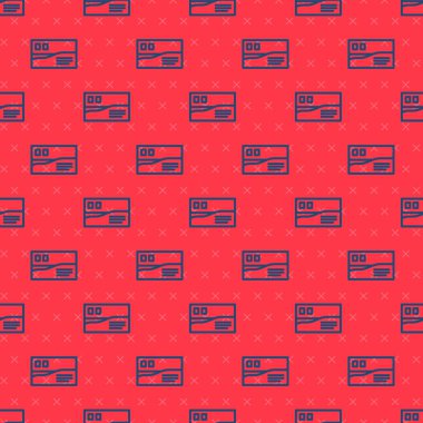 Mavi çizgi kartpostal seyahat simgesi kırmızı arkaplanda izole edilmiş. Vektör.