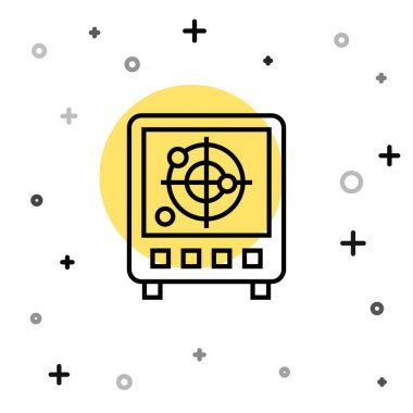 Siyah çizgi Radar, beyaz arkaplanda izole edilmiş bir simgeyi ararken hedefler monitörde. Arama sistemi. Donanma sonarı. Rastgele dinamik şekiller. Vektör.