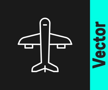 Beyaz çizgi düzlem simgesi siyah arkaplanda izole edildi. Uçan uçak ikonu. Uçak tabelası. Vektör.