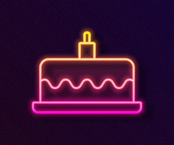 发光的霓虹灯线蛋糕与燃烧的蜡烛图标隔离在黑色背景 生日快乐Happy Birthday Day — 图库矢量图片