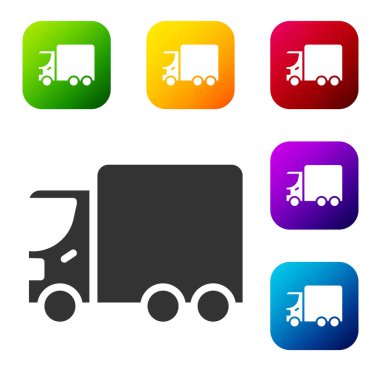 Siyah kargo kamyonu ikonu beyaz arka planda izole edildi. Renkli kare düğmelerle simgeleri ayarla. Vektör.