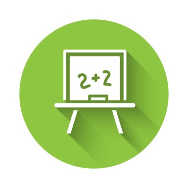 Beyaz Halka tahta simgesi uzun gölgeli izole edilmiş. Okul karatahtası. Yeşil daire düğmesi. Vektör.