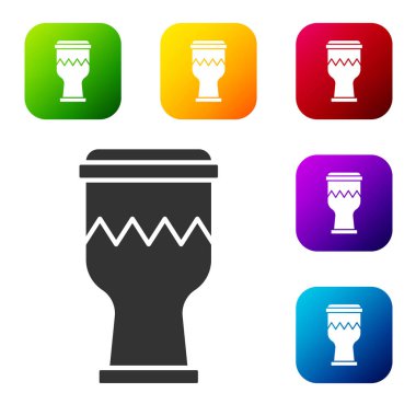 Siyah Davul simgesi beyaz arkaplanda izole edildi. Müzik işareti. Müzik aleti sembolü. Renkli kare düğmelerle simgeleri ayarla. Vektör.