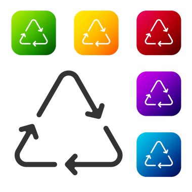Siyah Geri Dönüşüm sembolü simgesi beyaz arkaplanda izole edildi. Dairesel ok simgesi. Çevre geri dönüşümü yeşile döner. Renkli kare düğmelerle simgeleri ayarla. Vektör.
