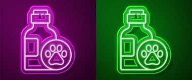 Pet şampuan ikonu mor ve yeşil arka planda izole edilmiş parlak neon çizgisi. Evcil hayvan bakım işareti. Köpek temizleme sembolü. Vektör.