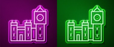 Parlayan neon hattı Big Ben kulesi simgesi mor ve yeşil arka planda izole edildi. Londra ve İngiltere 'nin sembolü. Vektör.