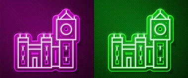 Parlayan neon hattı Big Ben kulesi simgesi mor ve yeşil arka planda izole edildi. Londra ve İngiltere 'nin sembolü. Vektör.