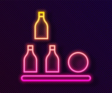 Parlayan neon hattı şişe topu ikonu siyah arkaplanda izole edildi. Vektör.