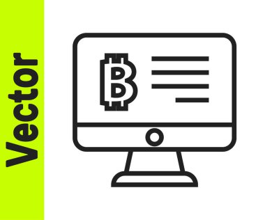 Beyaz arka planda izole edilmiş monitör simgesinden siyah çizgi madencilik bitcoin. Kripto para birimi madenciliği, engelleme zinciri teknoloji servisi. Vektör.