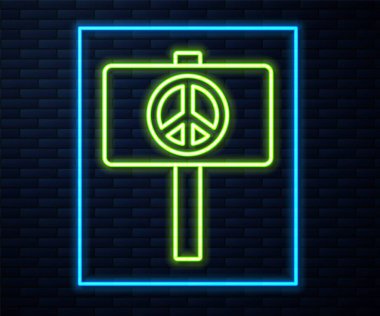 Parlayan neon hattı. Tuğla duvar arkasında barış simgesi izole edildi. Hippi barış sembolü. Vektör.