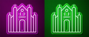 Parlayan neon hattı Milan Katedrali veya Duomo di Milano ikonu mor ve yeşil arka planda izole edilmiştir. İtalya, Milan 'ın ünlü simgesi. Vektör.