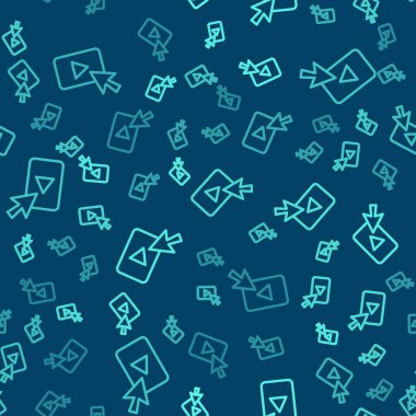 Yeşil çizgi reklam simgesi mavi arkaplanda izole edilmiş pürüzsüz desen. Pazarlama ve tanıtım süreci kavramı. İlgili reklamlar. Sosyal medya reklamcılığı. Vektör.