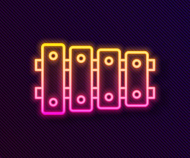 Parlayan neon hattı ksilofon - 13 tahta çubuklu müzik aleti ve siyah arka planda izole edilmiş iki perküsyon tokmağı ikonu. Vektör.